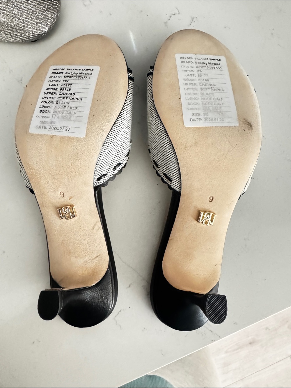 New -2025 sample - Badgley Mischka Black and White Open-Toe Kitten-Heel Mules - Picture 3 of 3